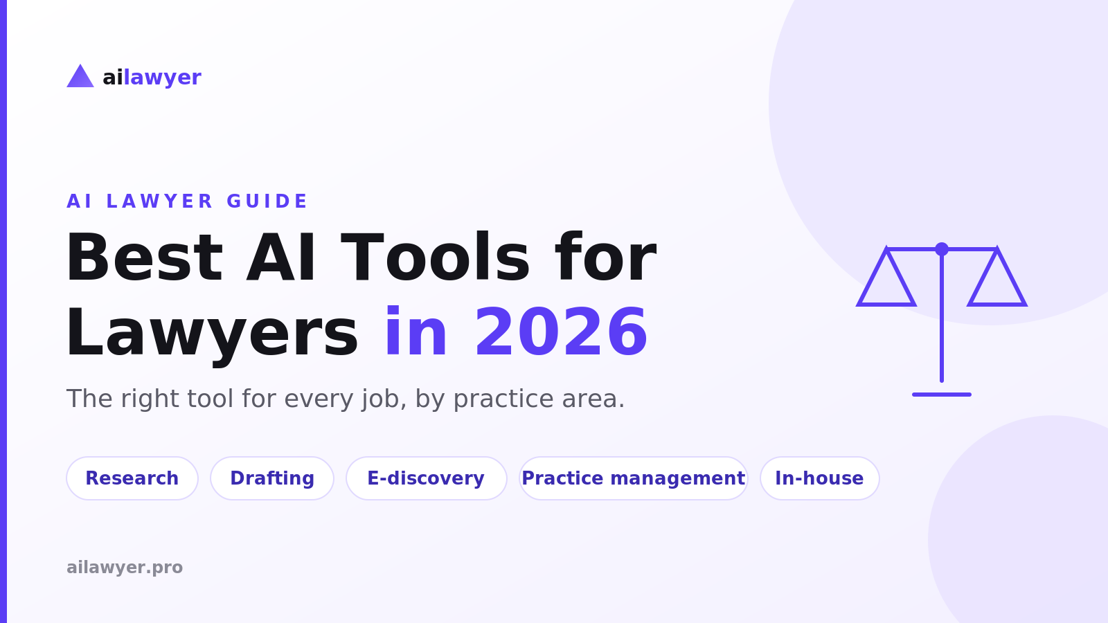 Best AI tools for lawyers in 2026, by practice area. AI Lawyer guide cover.